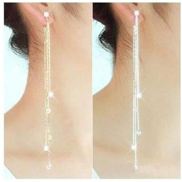 Women's Linear Long Tassels Diamante Rhinestone Dangle Party Eardrop Earrings - Picture 6 of 7